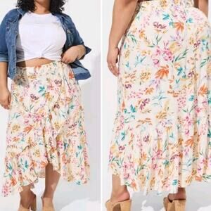 Torrid Swiss Dot Rayon Ruffle Colorful Floral Midi Skirt Size 2